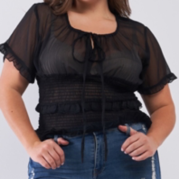 Junior plus black frill smock sheer top - Picture 4 of 4
